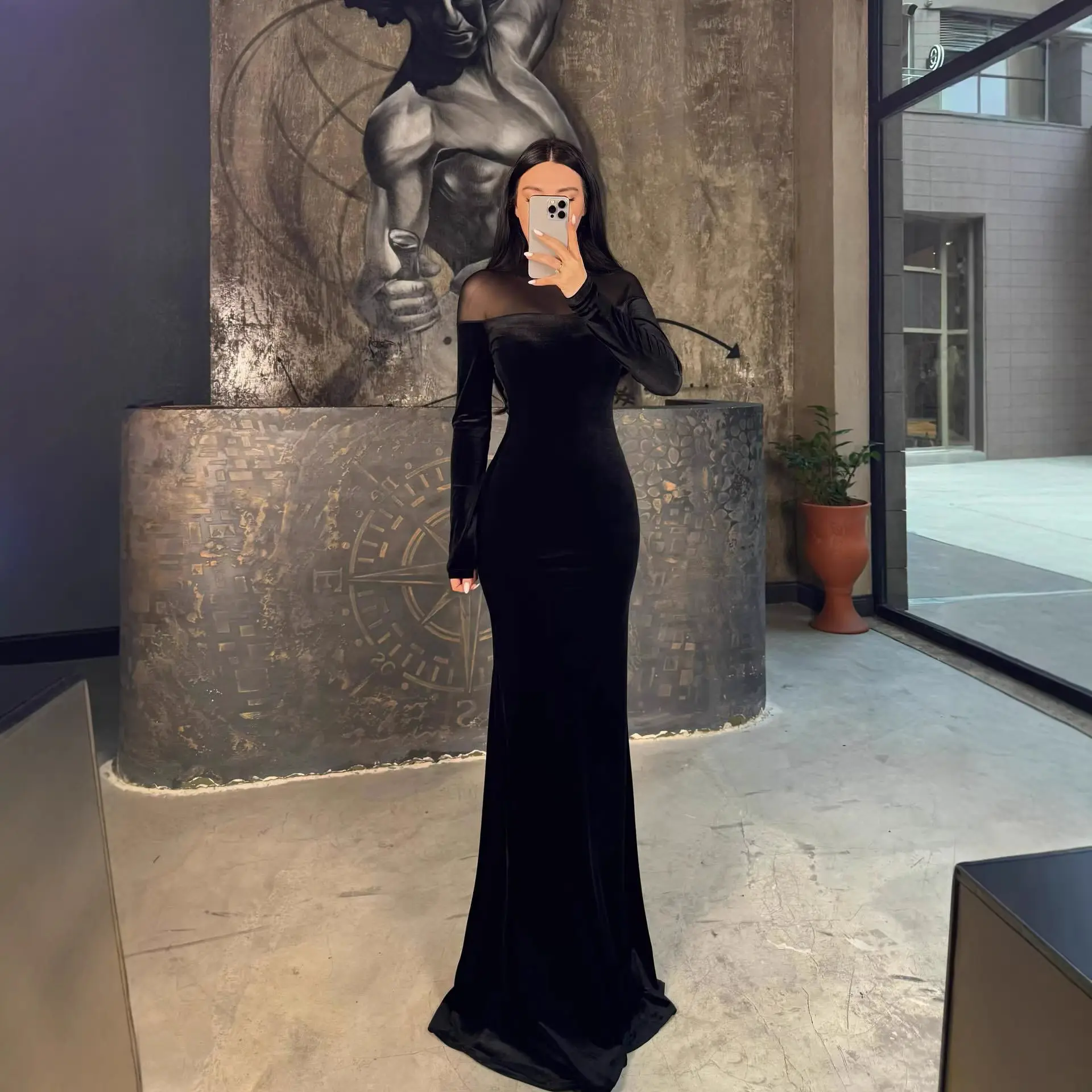 Womens Velvet-spliced Sheath Dress