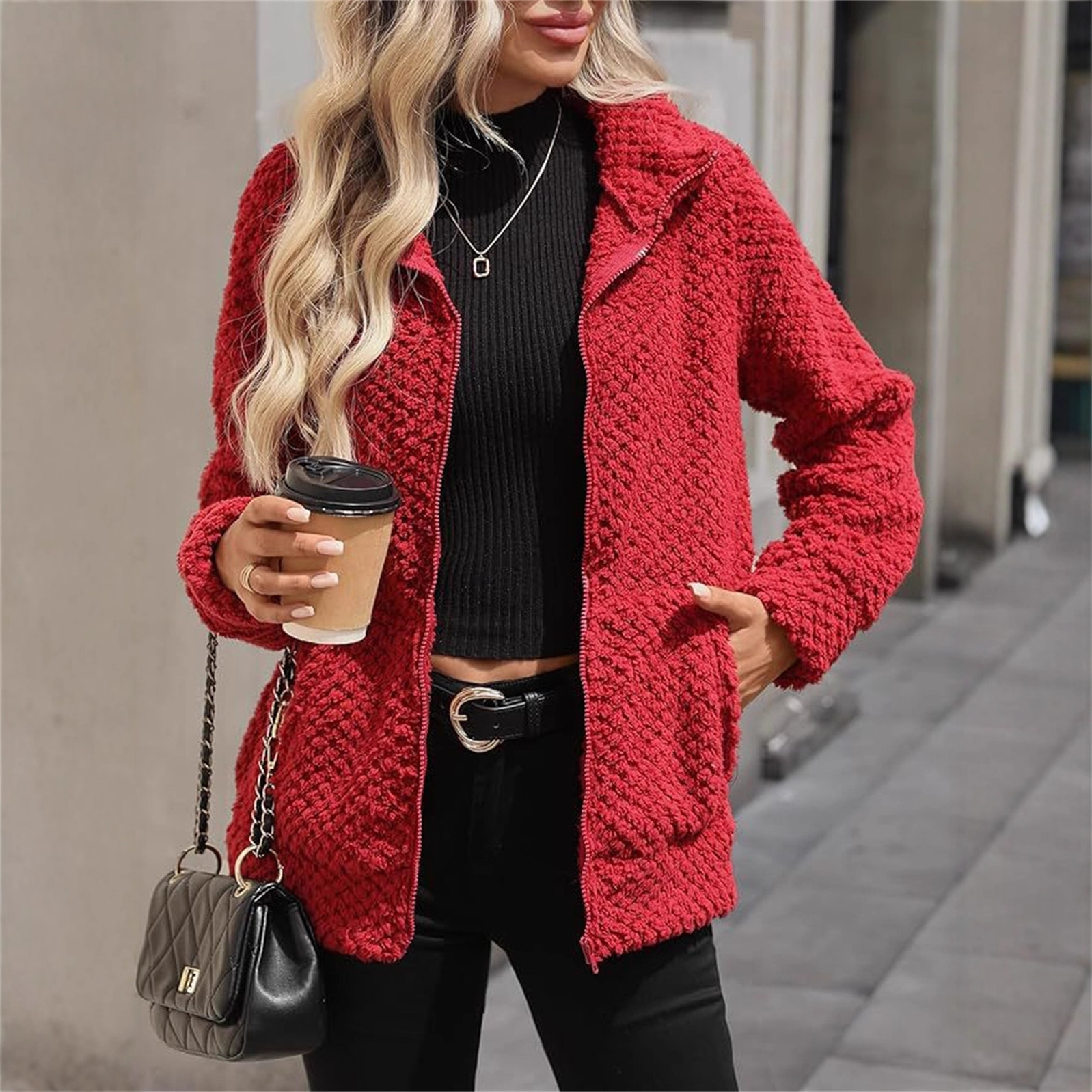 Women's Padded Fleece-Lined Zip-Up Jacket With Pocket And Lapel