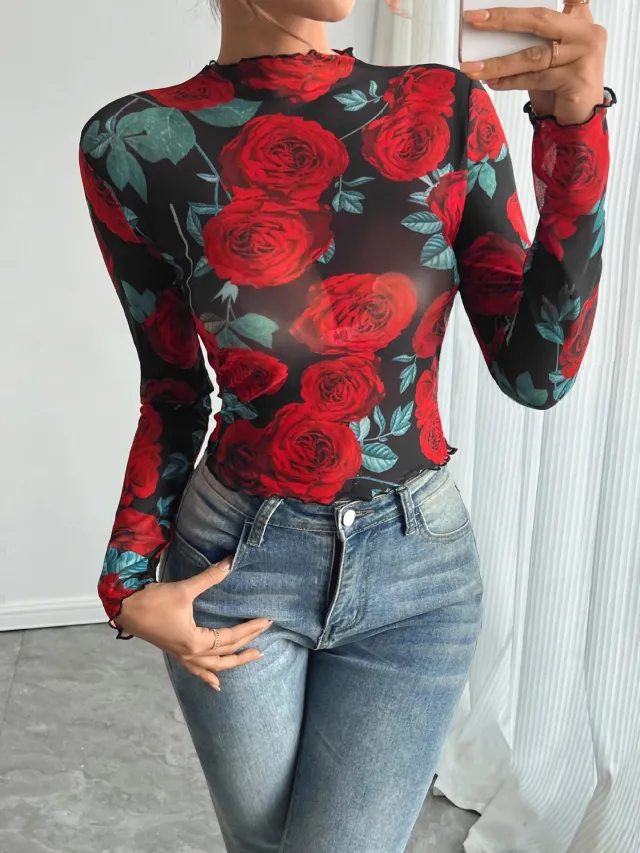 Transparent Rose Flower Print Long sleeved Small Stand Collar Net Rose - Shop at LoveMi