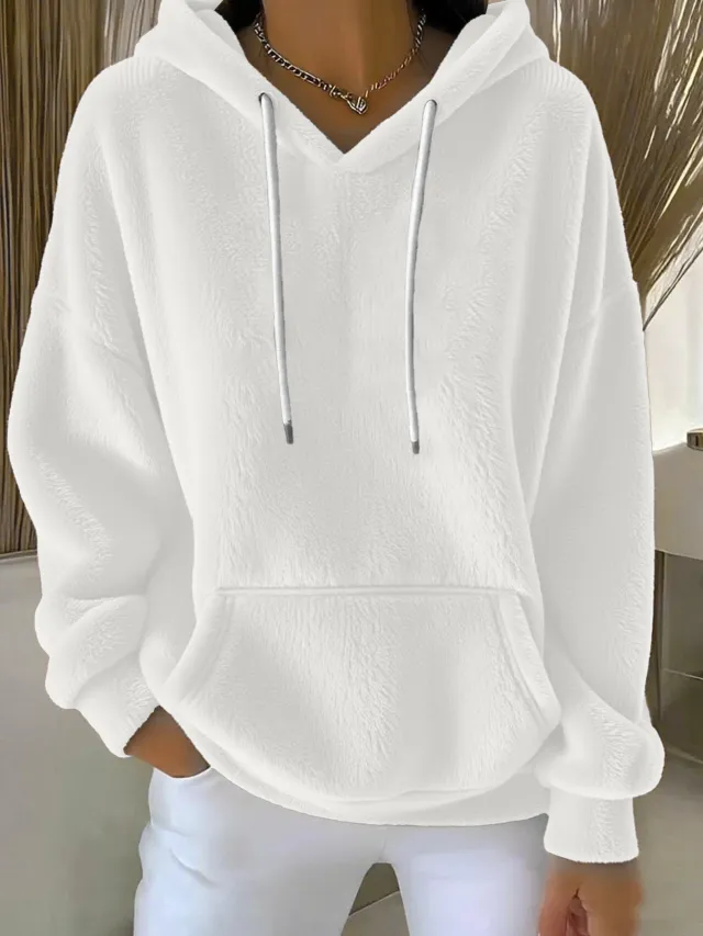 Women's Solid Color Lamb Fleece Lined Versatile Sweatshirt For Autumn And Winter White - Shop at LoveMi