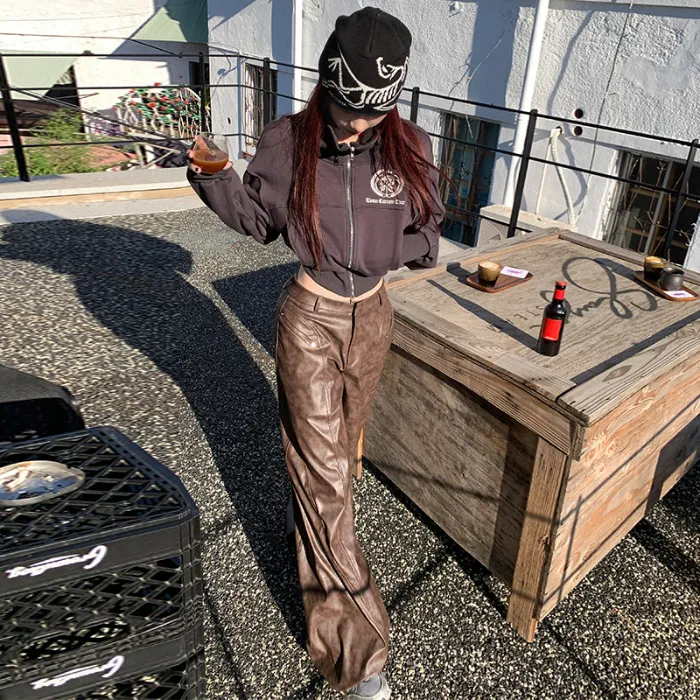 Retro Brown Pu Leather Waist Super Soft Brown Wide Leg Pants Maillard Wear - Floral Brown Regular