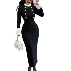 Elegant Knit Bodycon Dress Adorned With A Ruffled Hem And Striking Gold Contrast Buttons - Gold - View 1