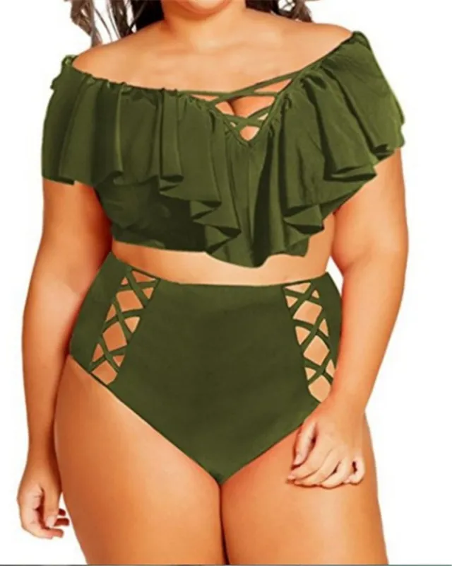 Lady Off shoulder Hollow Flounced High Waist Swimsuit Green - Shop at LoveMi