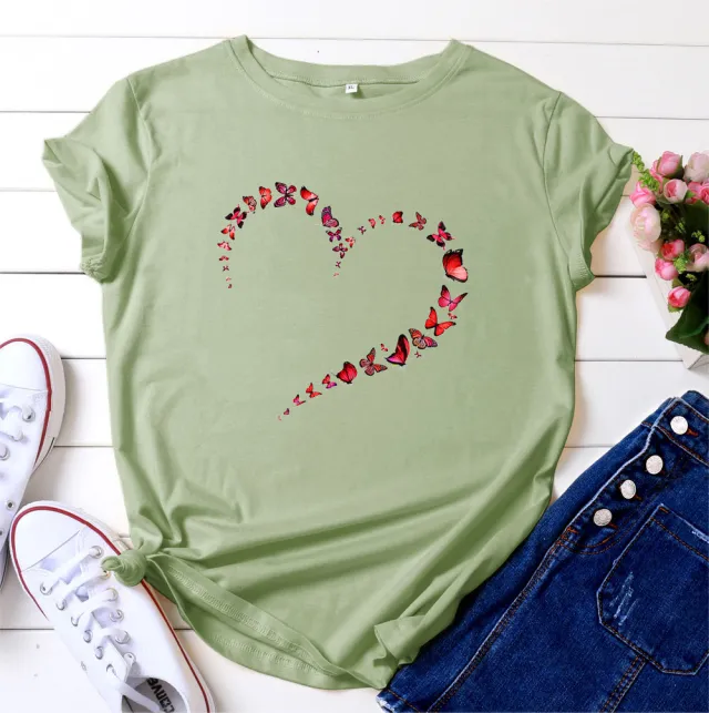 European And American Love Butterfly Cotton Short Sleeve Pea Green - Shop at LoveMi