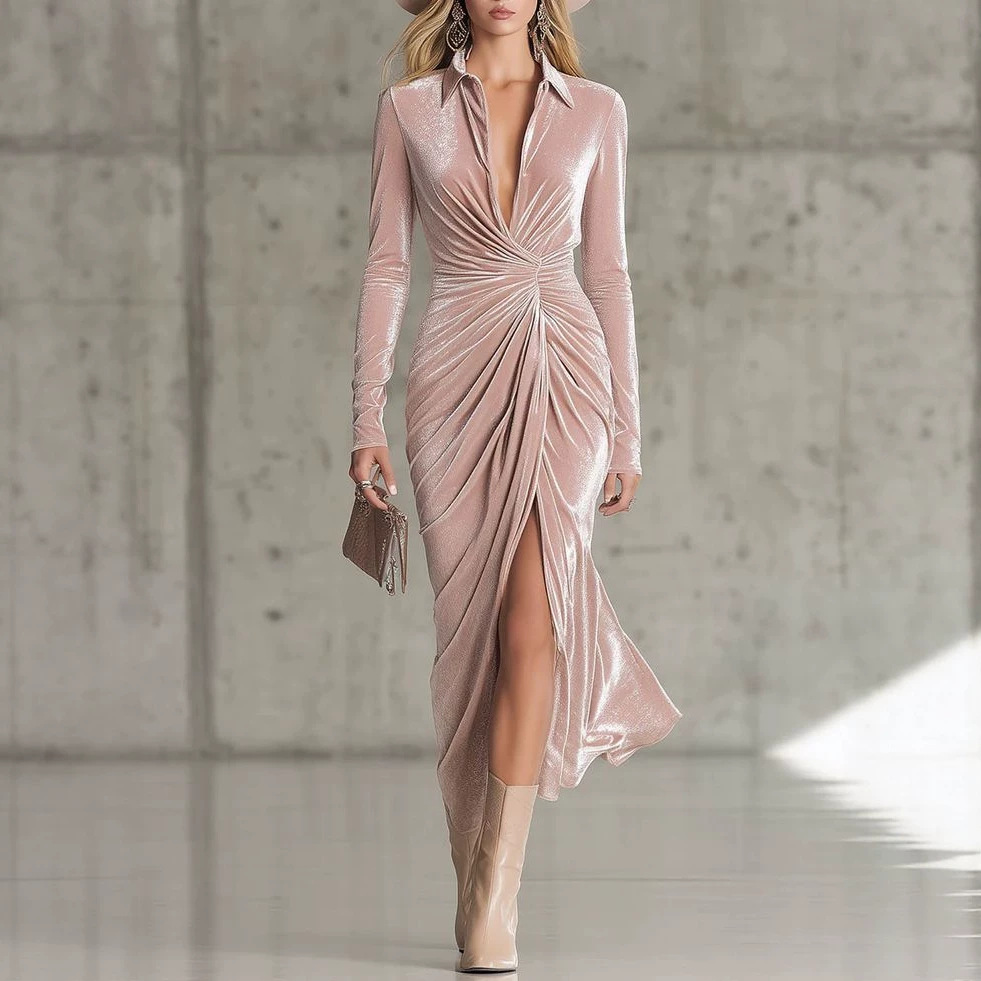 Long-sleeved Pleated Sheath Shirt-collar Formal Dress