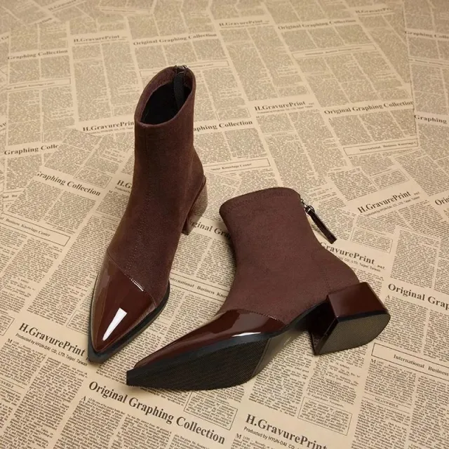 All match One suit Skirt Pointed Toe Chunky Heel Comfortable Skinny Boots Women Brown - Shop at LoveMi