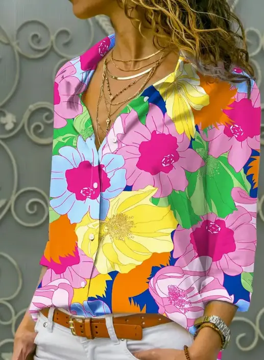 European And American Digital Printed Flowers Lapel Single Breasted Long-sleeved Shirt
