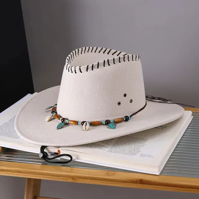 Western Cowboy Hat Men's And Women's Gem Chain Fedora Hat D Style Beige - Shop at LoveMi