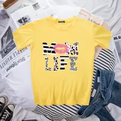 Mother's Day MOM LIFE Leopard Print Lip Printings Round Neck Short Sleeve T-shirt - Yellow - View 1