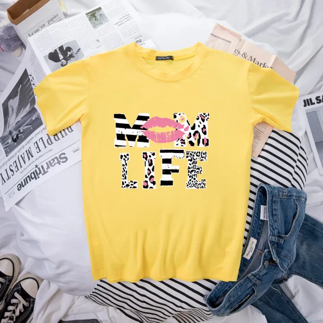 Mother's Day MOM LIFE Leopard Print Lip Printings Round Neck Short Sleeve T shirt Yellow - Shop at LoveMi