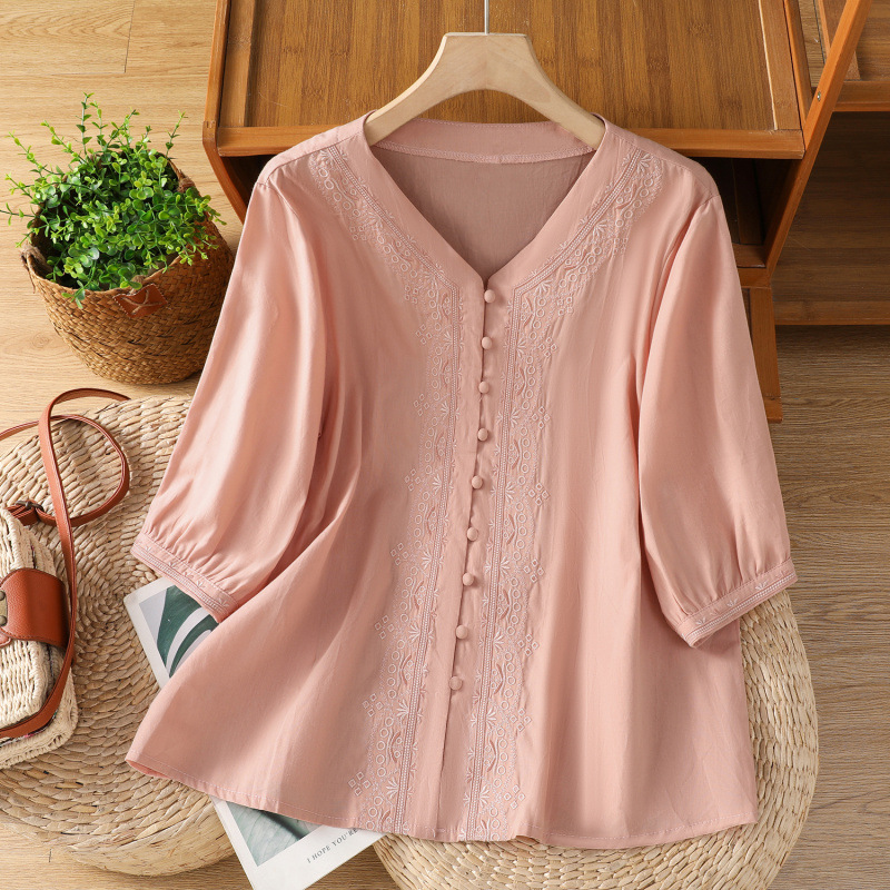Solid-color Artistic Embroidered V-neck Short-sleeve Shirt