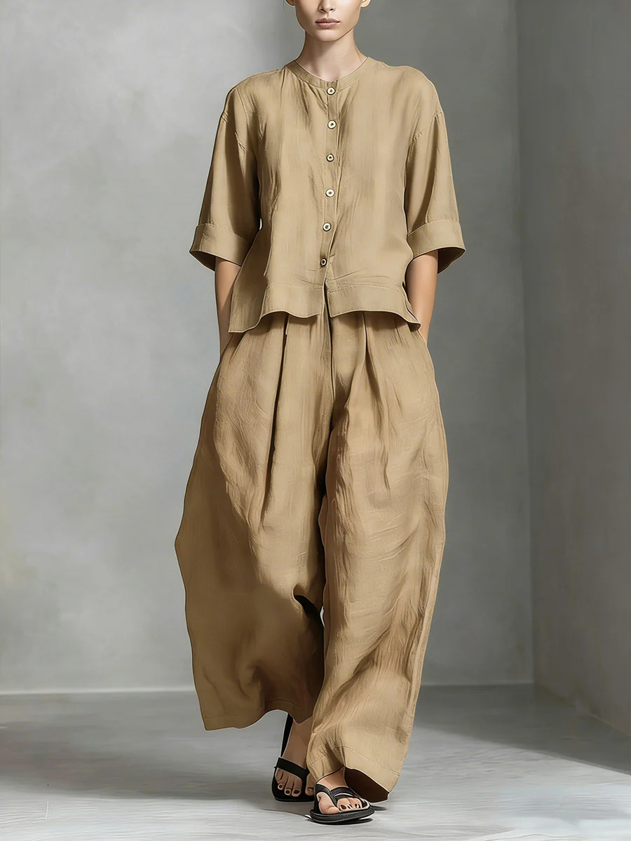 Khaki three-quarter sleeve shirt and loose trousers two-piece set – solid color casual women's fashion