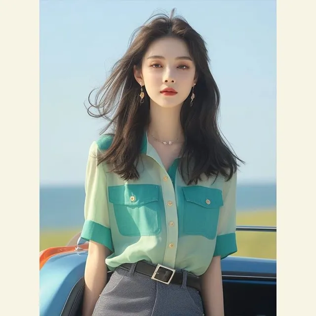Women's Casual French Button Chiffon Top Green - Shop at LoveMi