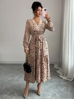 Elegant Polka-dot Self-tie Long Sleeve Dress For Women - Khaki - View 1
