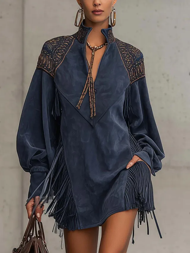 European And American V neck Tassel embroidered Dress Blue - Shop at LoveMi