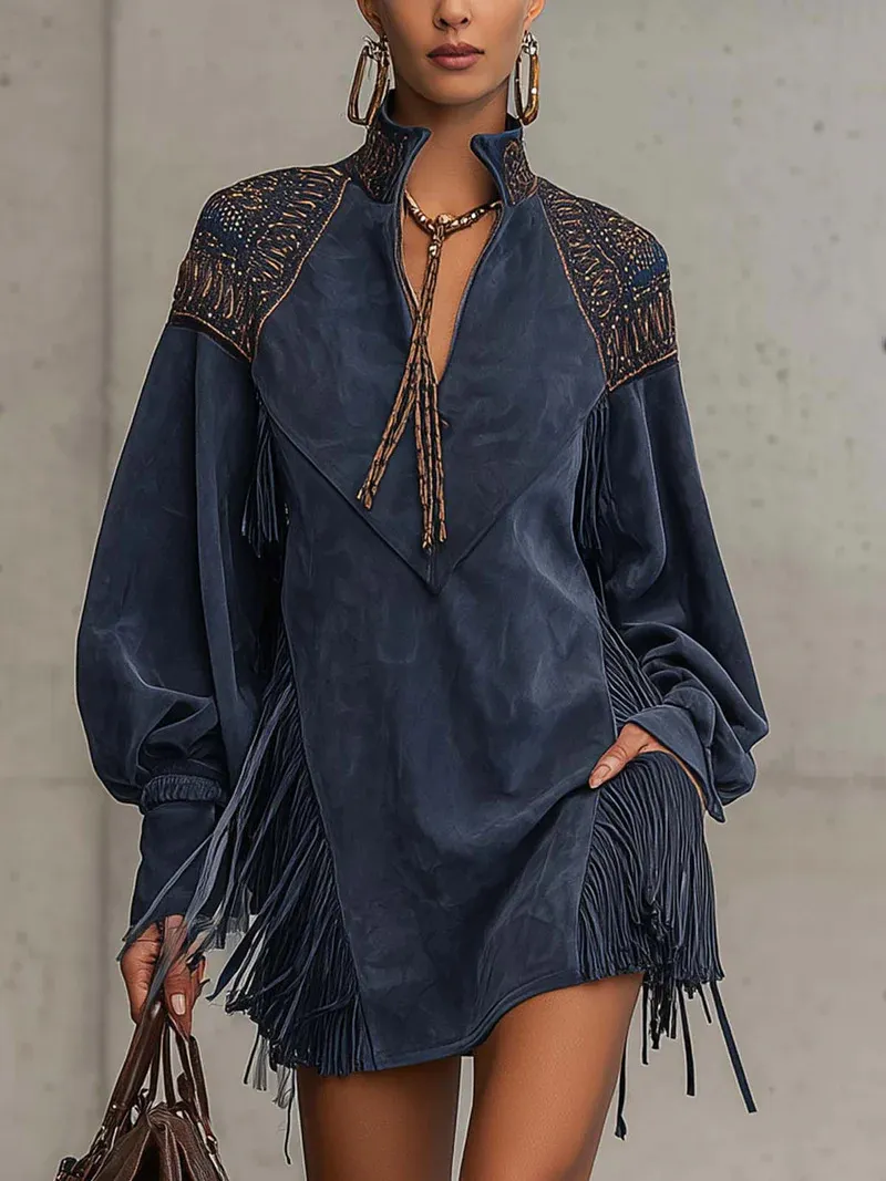 European And American V-neck Tassel-embroidered Dress - Red