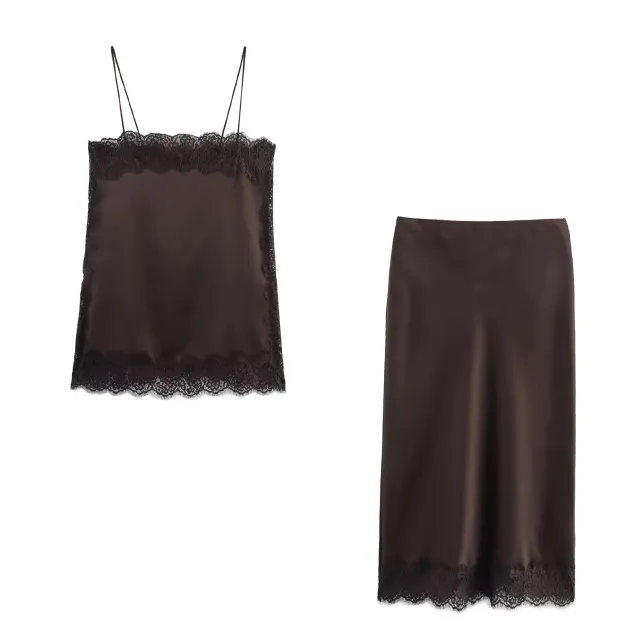 New Silk satin Lace Top And Lace Midi Skirt Suit - Shop at LoveMi
