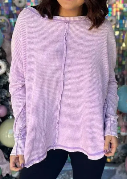 Women's Washed Waffle Back stitched Long sleeved Top Pink - Shop at LoveMi