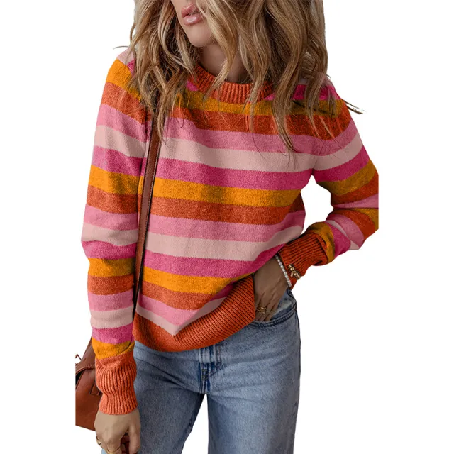 Autumn Pullover Round Neck Long Sleeves Women's Casual Simple Color Matching Printed Sweater Pink - Shop at LoveMi
