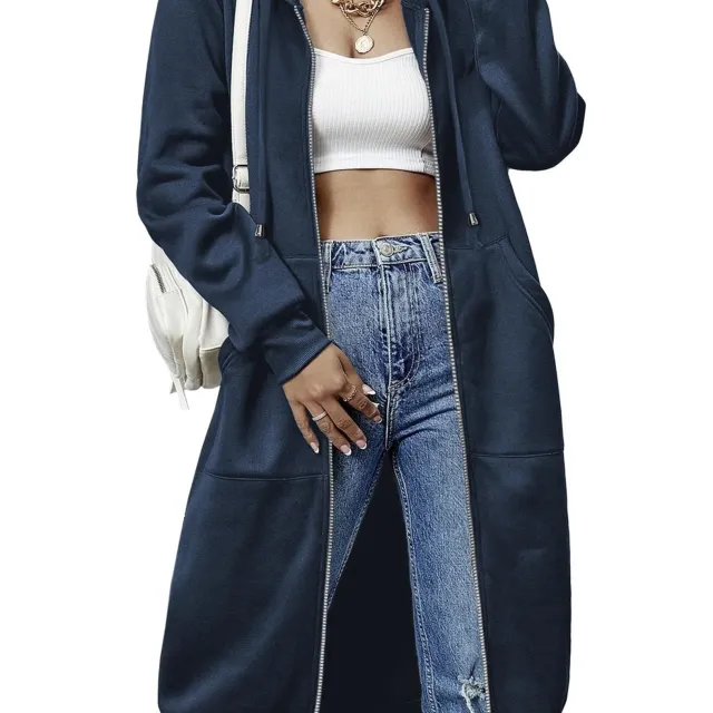 Women'S Casual Long Zip Hoodie Sweatshirt With Drawstring H Navyblue - Shop at LoveMi