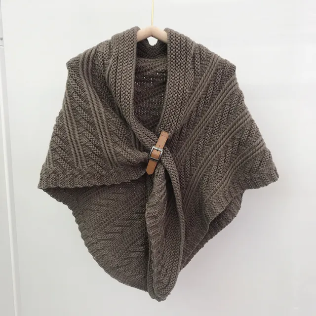 New Korean Style Hollow Leather Ring Big Triangle Shawl Cape Pure Color Warm Keeping Coffee - Shop at LoveMi