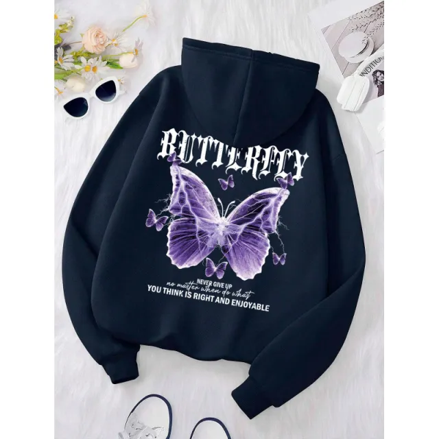 Purple Butterfly Sports Hooded Top Women's Sweater Navy - Shop at LoveMi