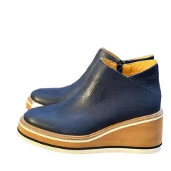 Wedge Thin Short Side Zipper Mid Heel Leather Surface Ankle Boots - Blue - View 1