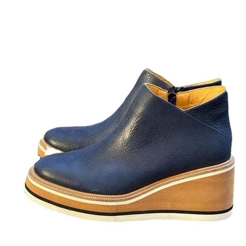 Wedge Thin Short Side Zipper Mid Heel Leather Surface Ankle Boots - Blue