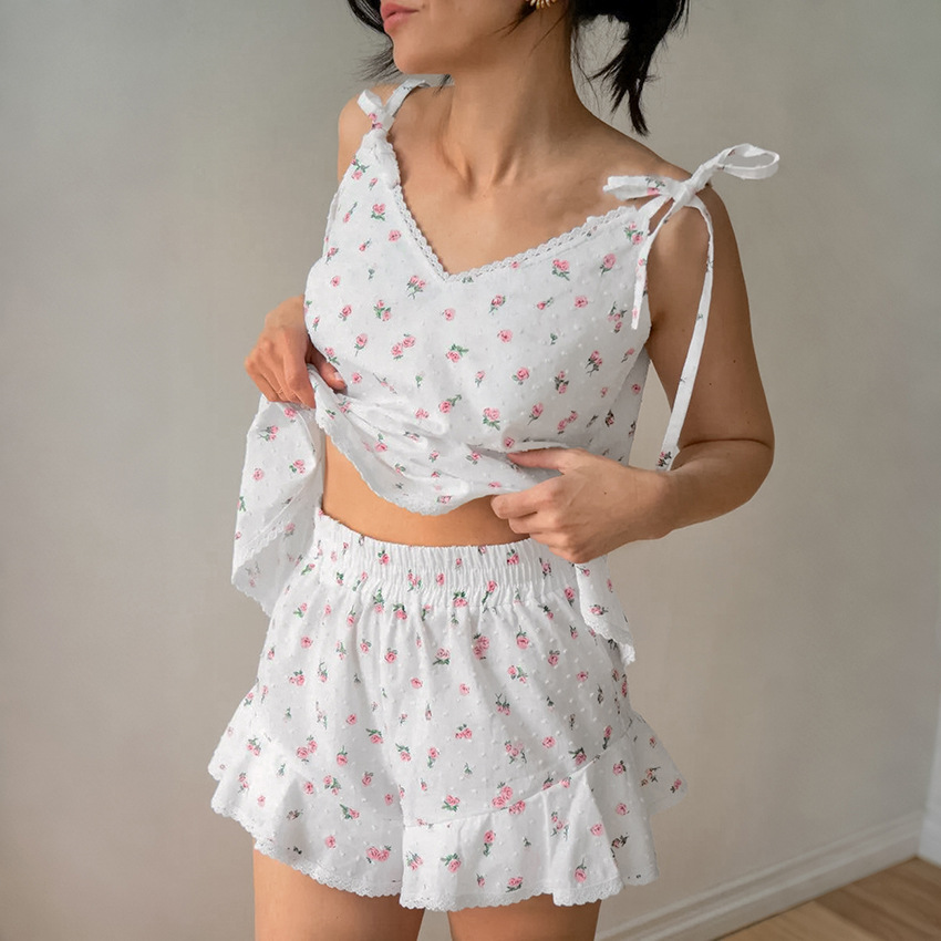 Womens Strapped Printed Shorts With Ruffle Trim Pajama Set 2 Pieces