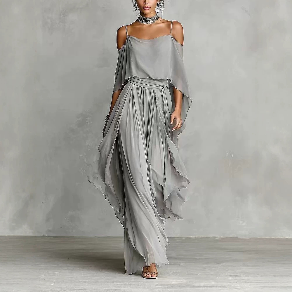 Womens Off-shoulder Sleeveless Solid-color Minimalist Maxi Dress With A Loose Fit