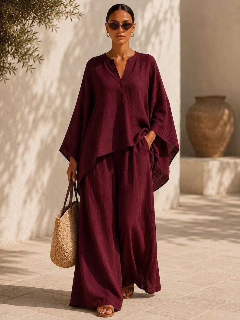 Womens Casual Relaxed-Fit Loose V-Neck Solid-Color Shirt Set