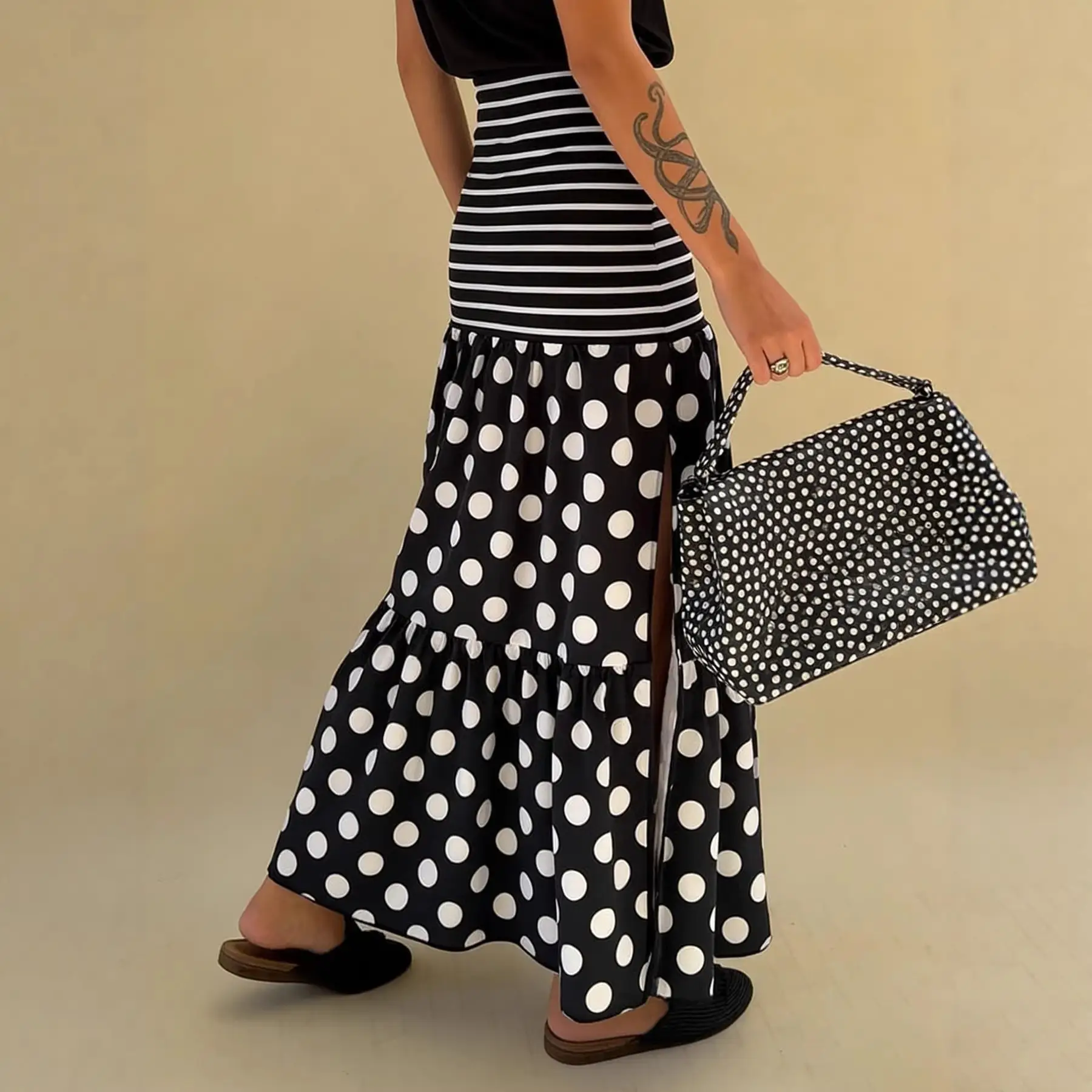 Striped And Polka-dot Long Skirt With A Slit