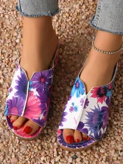 Peep Toe Wedge Fashion Simple Slip-on Fashion Sandal Slippers - Purple - View 1