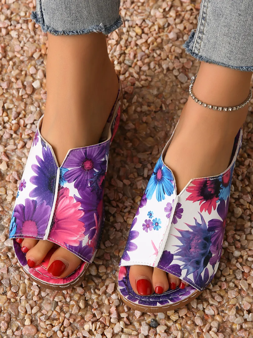 Peep Toe Wedge Fashion Simple Slip-on Fashion Sandal Slippers - Purple