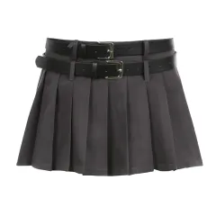 Double Waistband Pleated Short Skirt With Lining - Grey - View 1