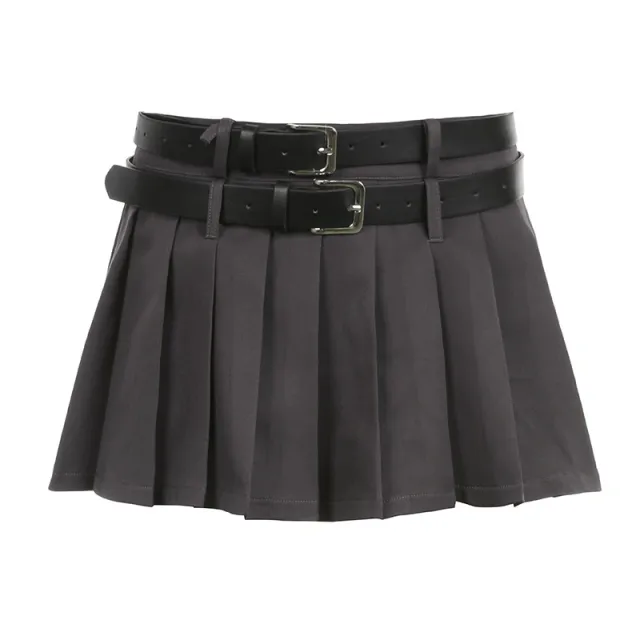 Double Waistband Pleated Short Skirt With Lining Gray - Shop at LoveMi