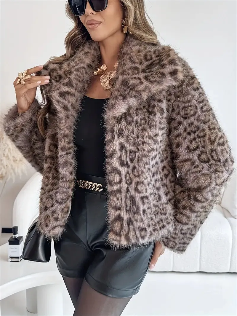 Gradient Dyed Pointed Lapel Long Sleeve Artificial Fur Coat - Leopard