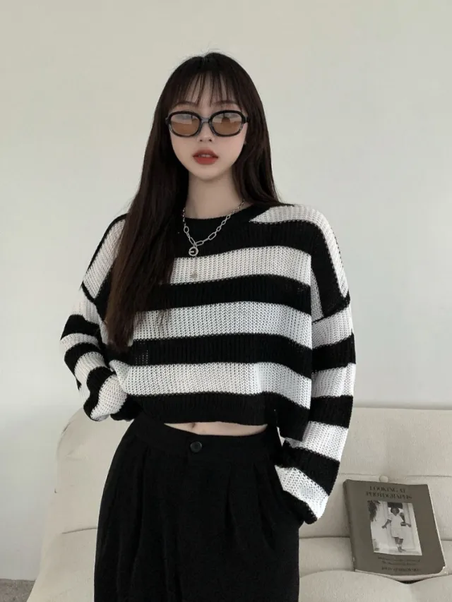 Women's Black And White Striped Sweater Autumn And Winter Sweater Long sleeved Blouse White - Shop at LoveMi
