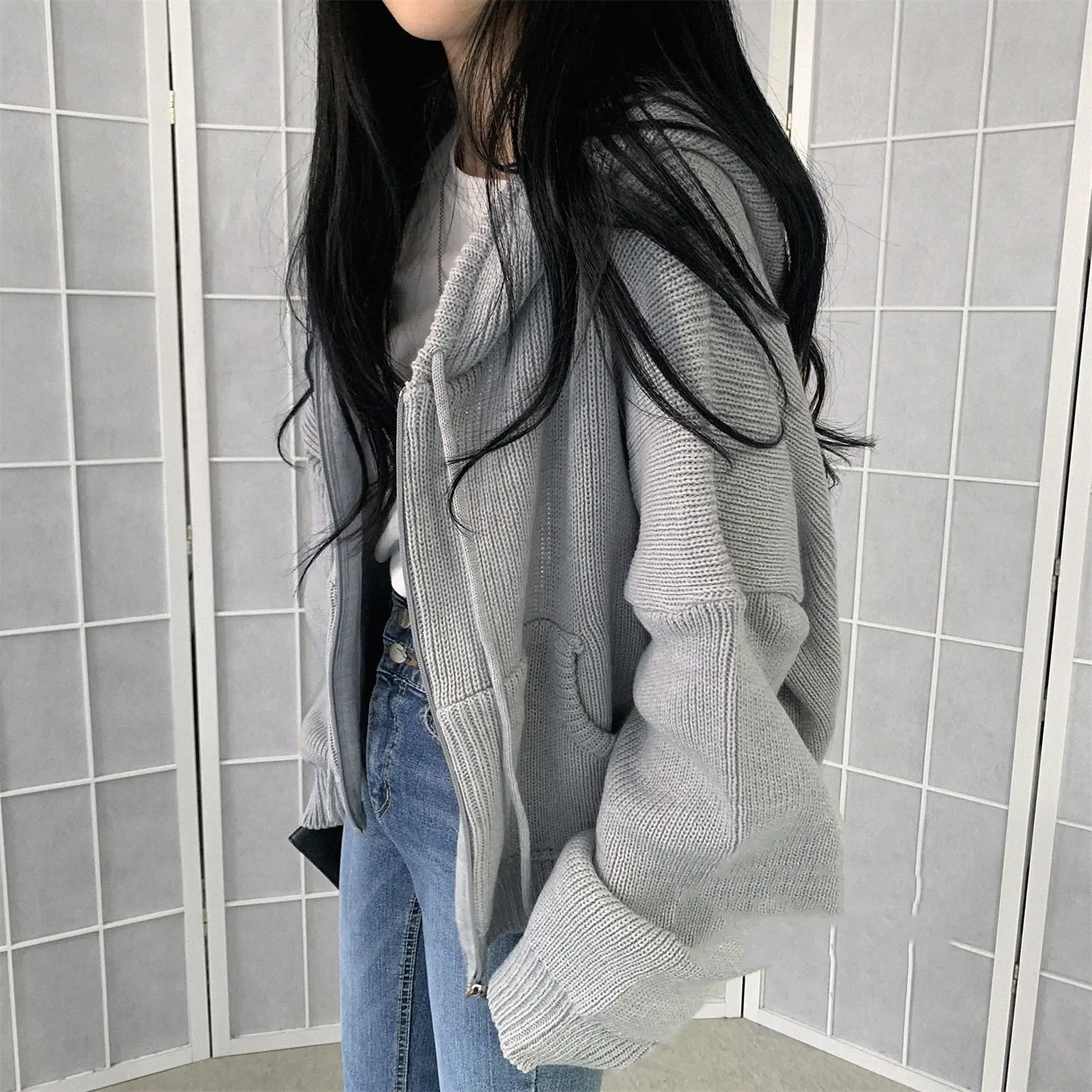 Retro Lazy Style Hooded Large Pocket Loose Casual Long Sleeves Knitted