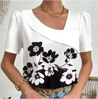 Casual Solid Color Plus Size Fashion Tops White And Black Flowers - Shop at LoveMi