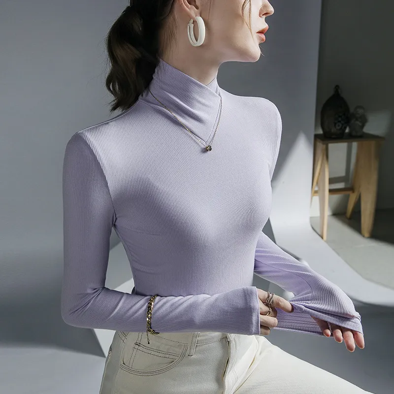 Cross Turtleneck Long Sleeve Slim Bottoming Shirt For Women - Light Purple