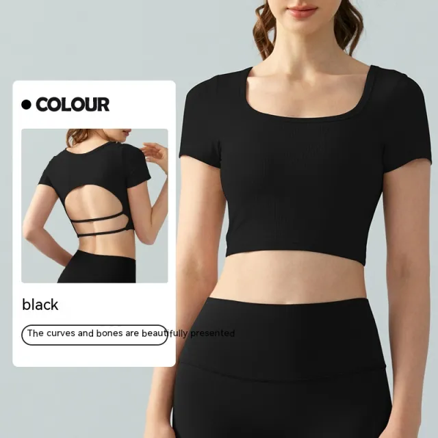 Women's Square Collar Backless Sports T shirt With Chest Pad Running Fitness Top Black - Shop at LoveMi