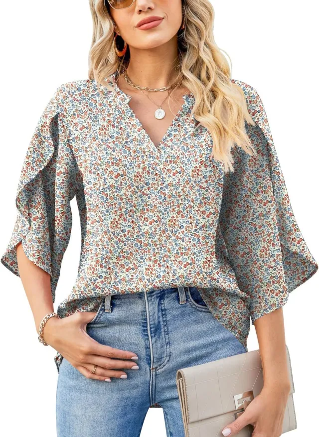 Womens Loose V neck Chiffon Top With Floral Petal Print Floral - Shop at LoveMi
