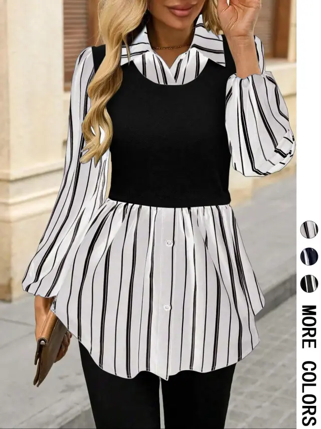 Striped Fake Two piece Long Sleeve Shirt Women White - Shop at LoveMi