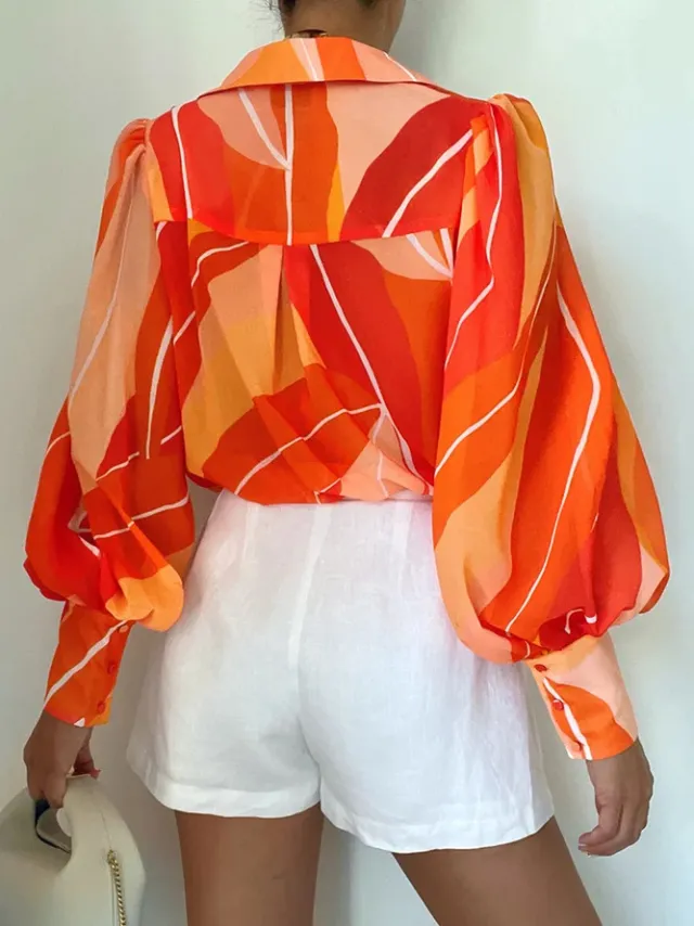 Summer Printed Lantern Sleeve Fashion Shirt Orange Lines - Shop at LoveMi