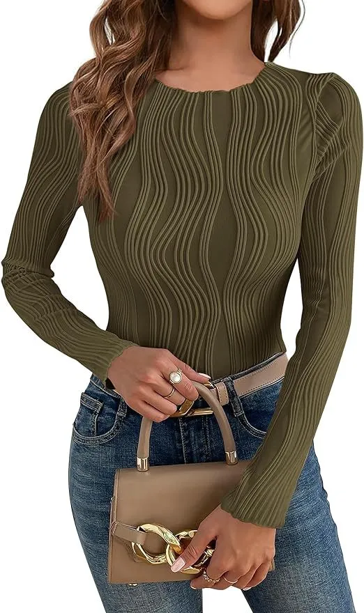Casual Texture Round Neck Long Sleeve Slim Women's T shirt Army Green - Shop at LoveMi