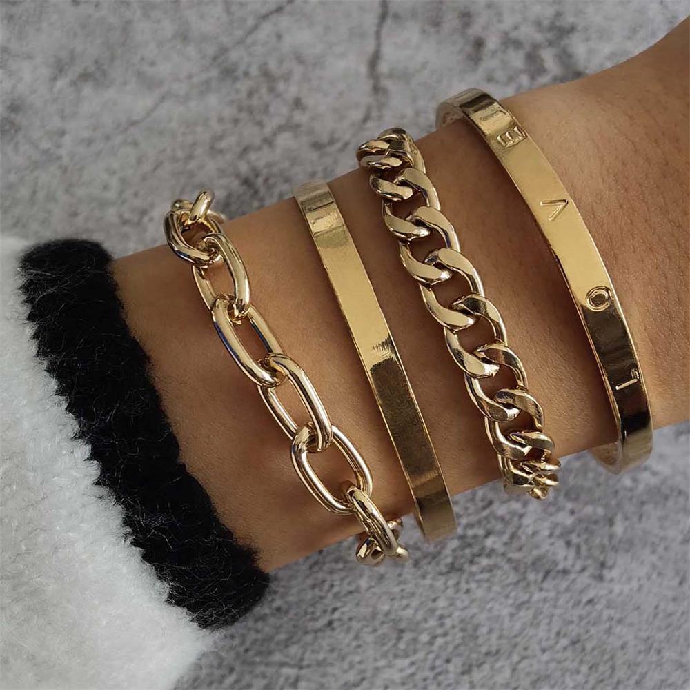 Open Bangle And Glossy Letter Bracelet Set - Jewelry & Watches
