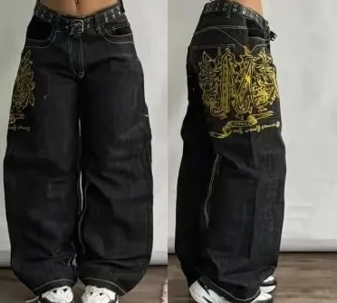 Men's American Retro Printed Washed Jeans Black - Shop at LoveMi