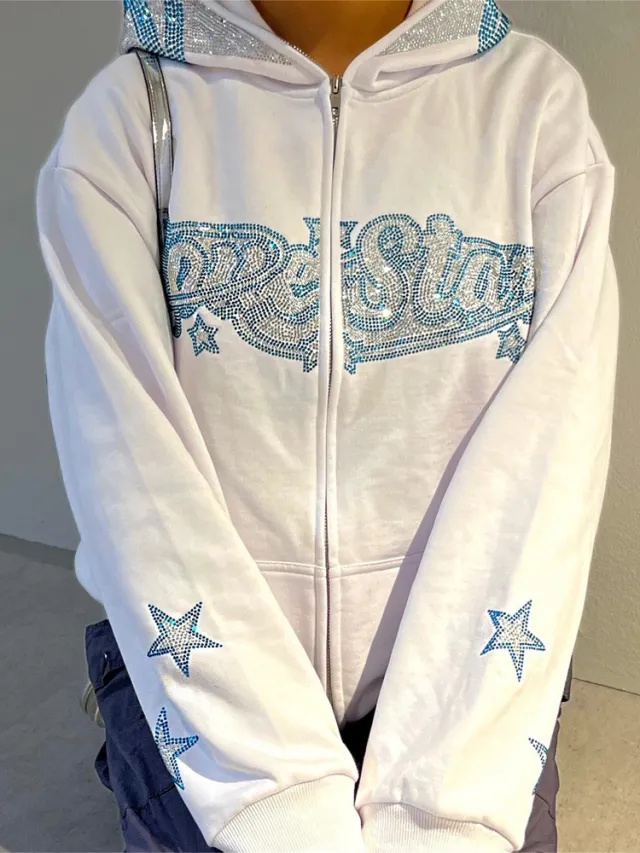 Rhinestone Letters Printed Loose Sweatshirt White - Shop at LoveMi