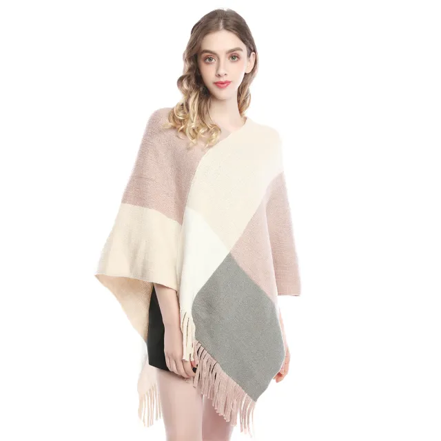 Idle Style V neck Tassel Rainbow Cape Sweater For Women Large Plaid Pinky Beige - Shop at LoveMi